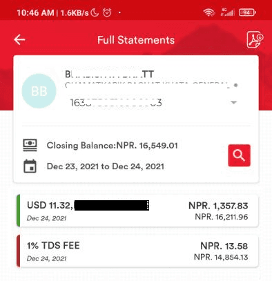 Bank Statement of $11.32 being credited