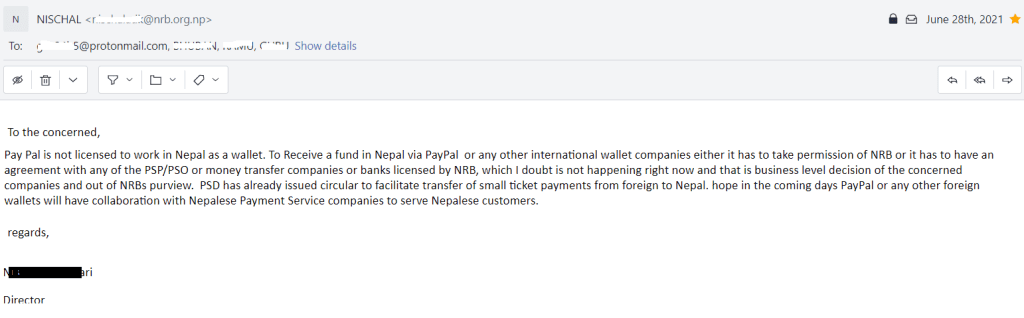 Reply from the director of the Payment Systems Department (PSD) of NRB
