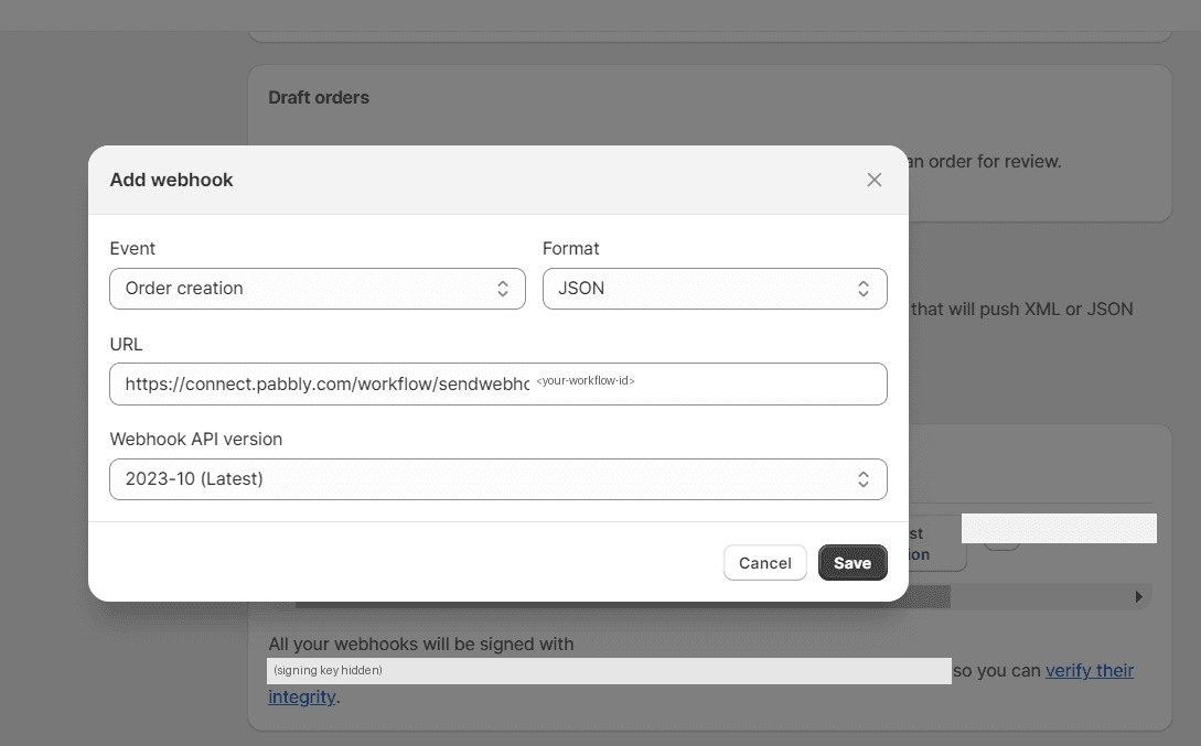 Add webhook to the notifications of your Shopify Store