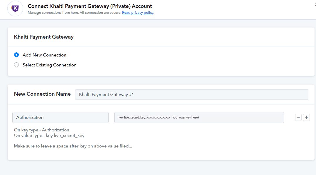 Adding Khalti live secret key on Pabbly Connect