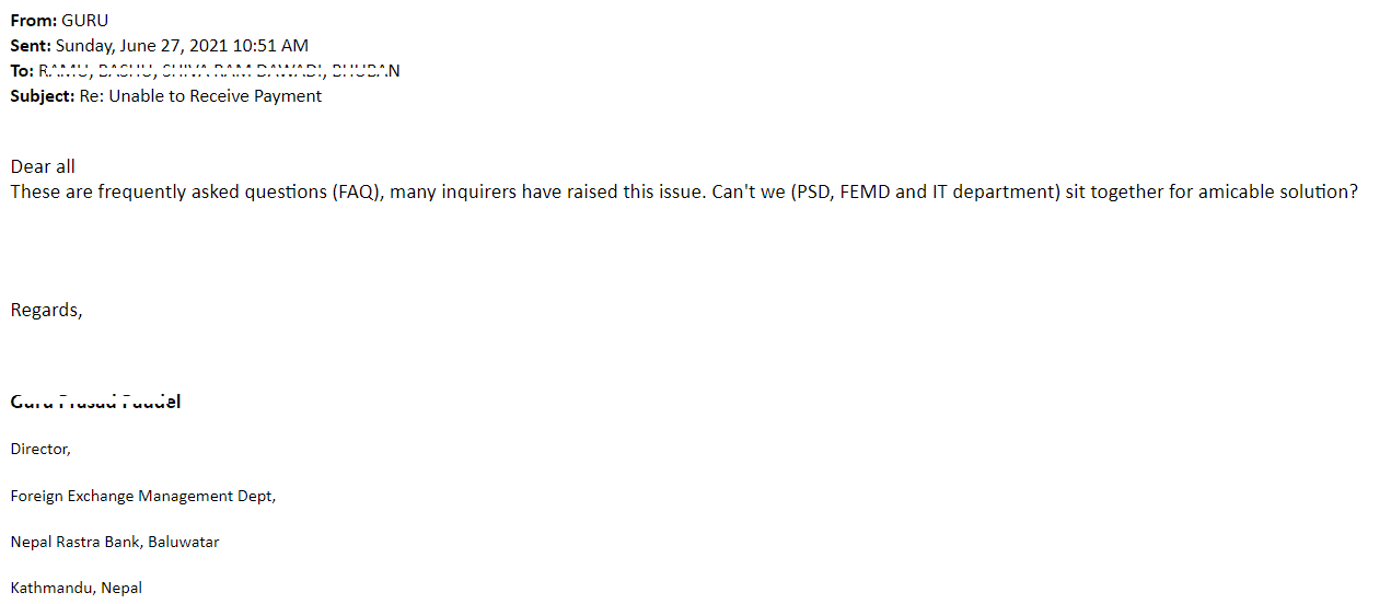 E-mail from Foreign Exchange Management Department (FXM) of NRB