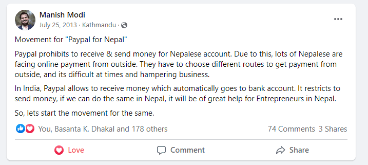 Post from 2013 by Manish Modi on IT Entrepreneurs for Nepal, FB group